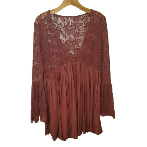 Free People With Love From India Lace Mini Boho Bell Sleeve Dress M Dusty Rose - Picture 7 of 11